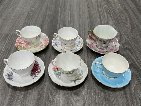 6 CUPS & SAUCERS - ROYAL ALBERT / ROYAL VALE / STAFFORDSHIRE, ETC