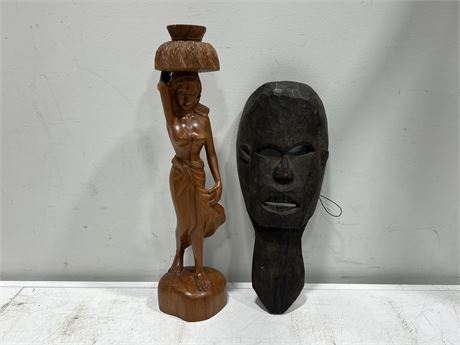 AFRICAN MASK & CARVING (Tallest is 19”)