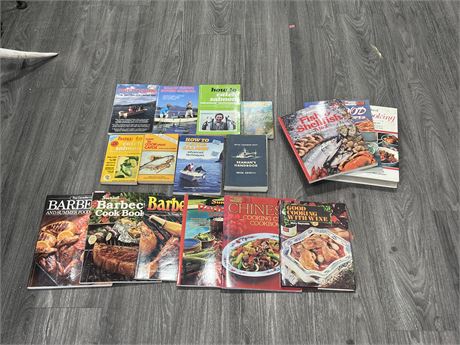 LOT OF VINTAGE COOKING, BBQ, FISHING BOOKS - SOME LOCAL