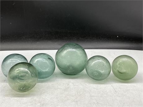 6 HAND BLOWN GLASS FLOATS W/PONTIL MARKS (TALLEST IS 5.5”)