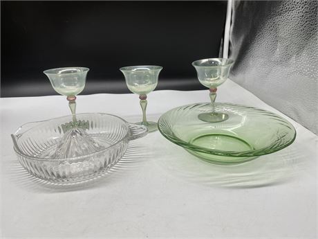 VINTAGE GLASS JUICER, GREEN GLASS PYREX BOWL, 3 URANIUM WINE GLASSES