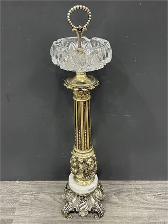VINTAGE BRASS & CRYSTAL STANDING ASHTRAY (26” TALL)