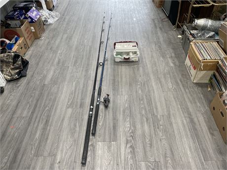 2 LARGE FISHING RODS W/ TACKLE BOX