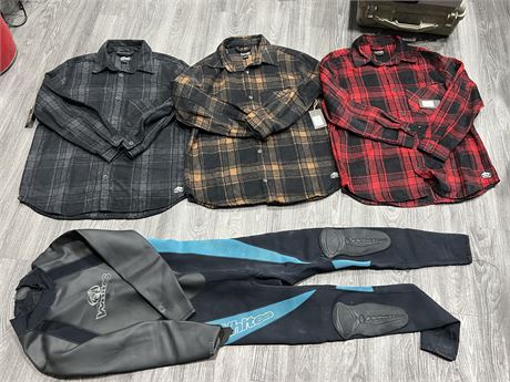 3 CABIN FEVER BUTTON UPS NEW WITH TAGS SIZE L & WETSUIT