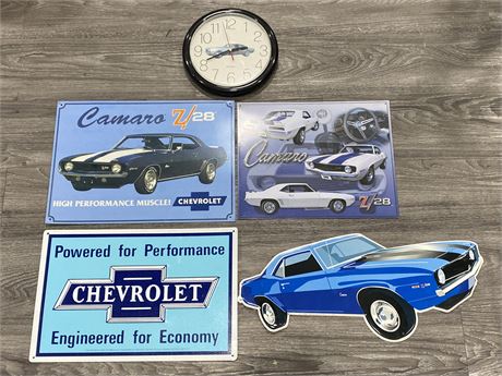 4 CAMARO METAL SIGNS & 1 CHEVY SIGN + CLOCK (LARGEST IS 17.5”X12”)