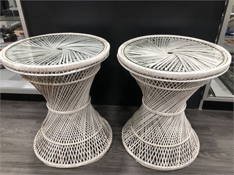 TWO ROUND WHITE WICKER TABLES WITH GLASS TOP TWO FT TALL