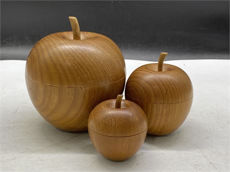 RARE SET OF 3 1960s DANISH TEAK APPLE CONTAINERS (LARGEST IS 6”X7”)