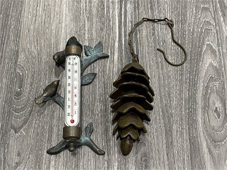 VINTAGE CAST IRON RAIN CHIME BELL / CAST IRON THERMOMETER