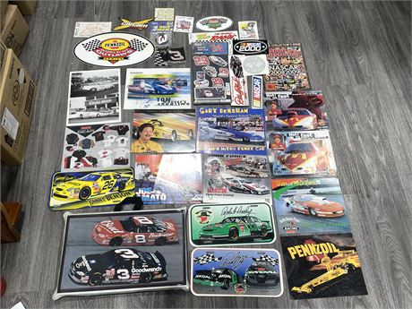 RACING DECALS, SIGNS, MAGAZINE AND CUSHION