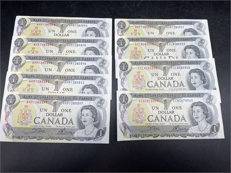 (9) 1973 CANADIAN $1 BILLS