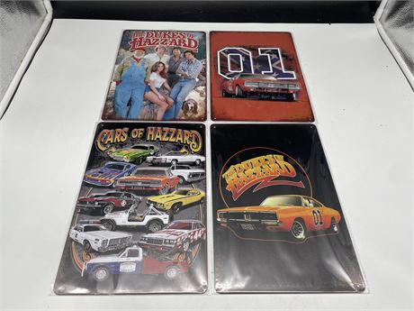 4 NEW DUKES OF HAZARD METAL SIGNS (REPRODUCTIONS - 8”x11”