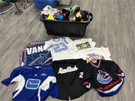 LARGE BIN OF JERSEYS / CLOTHES