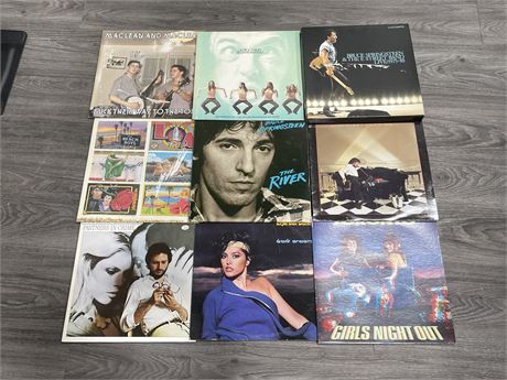 8 ASSORTED RECORDS & BRUCE SPRINGSTEEN 3 CASSETTE BOX SET - CONDITION VARIES ALL