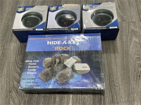 3 NEW DUMMY SECURITY CAMERAS & SEALED BOX OF HIDE A ROCK