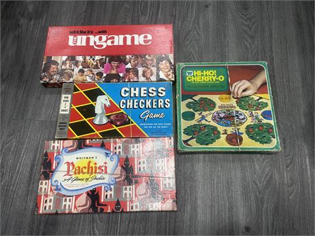 4 VINTAGE GAMES (COMPLETE) - HI HO CHERRY-O 1973, PACHISI, UNGAME, ETC