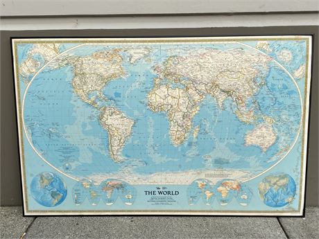 VINTAGE 1988 WORLD MAP FRAMED POSTER (46”X29”)