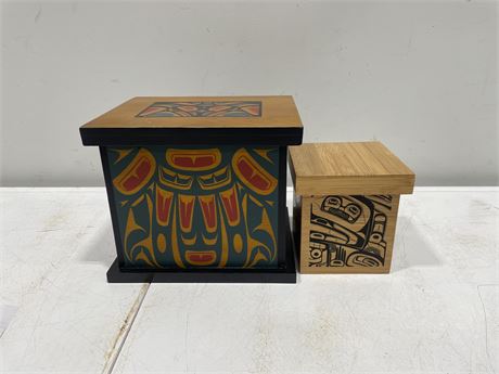 2 FIRST NATION DESIGN BOXES - 1 SIGNED LARGEST 10”x8”x8”