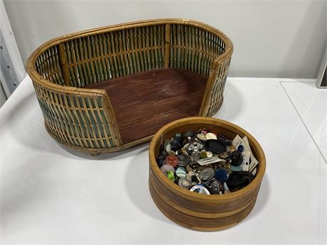 BOWL OF BUTTONS & BAMBOO BASKET