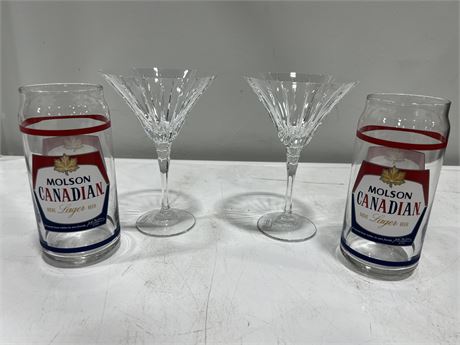 2 CHRYSTAL MARTINI GLASSES & 2 VINTAGE MOLSON CANADIAN GLASSES
