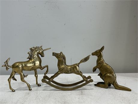 3 MCM BRASS ANIMALS - HORSE, KANGAROO & UNICORN (7”X6.5”)