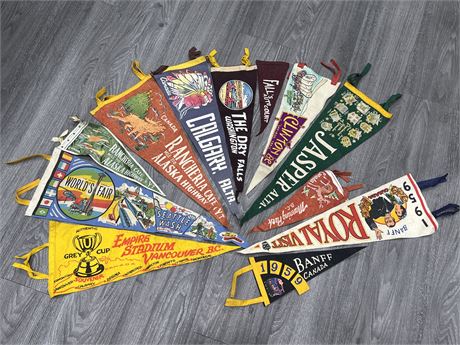12 VINTAGE COLLECTABLE PENNANTS - LARGEST IS 20”
