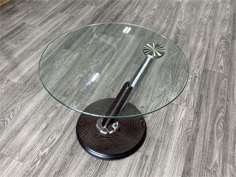 HEAVY GLASS END TABLE (21” tall, 23” wide)