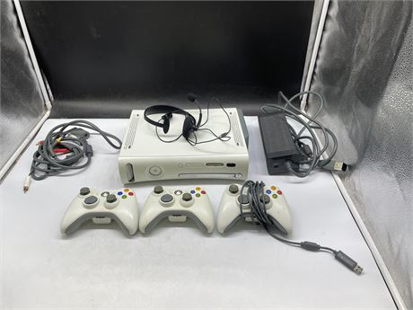 XBOX 360 CONSOLE WITH 3 CONTROLLERS, CORDS & HEADSET (UNTESTED)