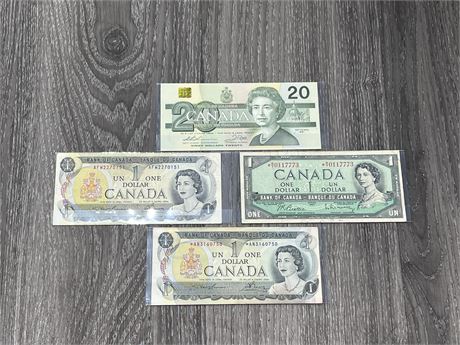 LOT OF VINTAGE CANADIAN PAPER CURRENCY - $20 BILL IS IN MINT COND.