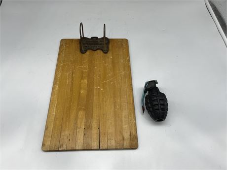 ANTIQUE CLIP BOARD + VINTAGE CAST IRON TEST GRENADE 5” TALL