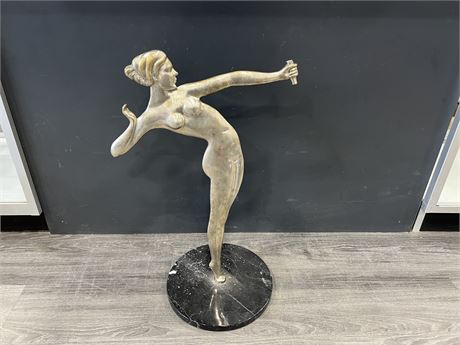 VINTAGE THICK METAL LADY FIGURE ON MARBLE STAND - 25” TALL