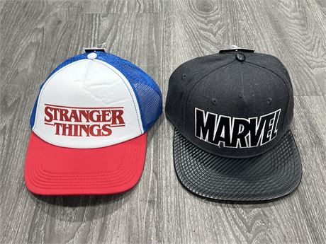 2 NEW W/ TAGS MARVEL / STRANGER THINGS SNAP BACK HATS