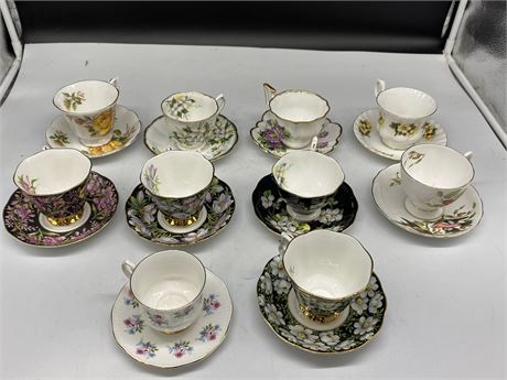 10 SET OF CUPS & SAUCERS (7 Royal Albert, Royal Tuscan, Salisbury, Elizabethan)