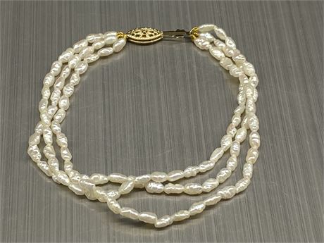 3 STRAND PEARL BRACELET - 14K GOLD PLATED CLASP