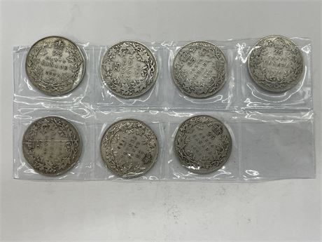 7 ANTIQUE SILVER CDN QUARTERS DATING BACK TO 1910