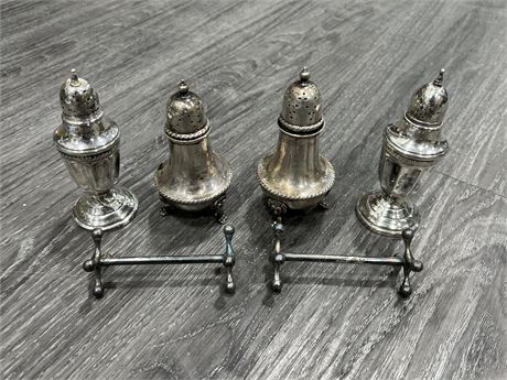 SILVER SALT & PEPPERS & KNIFE RESTS - INCLUDES WEIGHTED STERLING