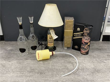 VINTAGE LIQUOR BOTTLES, BOXES + LAMP (20” TALL)