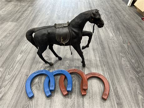 VINTAGE LEATHER HORSE & 4 CAST IRON HORSE SHOES - HORSE IS