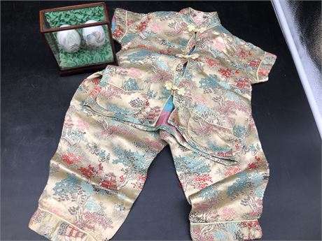 VINTAGE CHINESE HANDPAINTED EGGS IN CASE & CHILDS SILK PAJAMAS