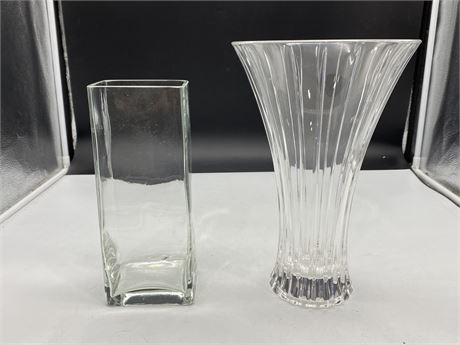 CRYSTAL GLASS VASE & GLASS VASE (Tallest is 12”)