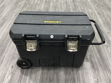 LARGE STANLEY TOOL BOX W/WHEELS & HANDLE (32” wide)