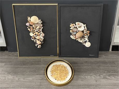 PAIR OF SIGNED REAL SHELL PICTURES (18”X24”) + FLORAL PICTURE
