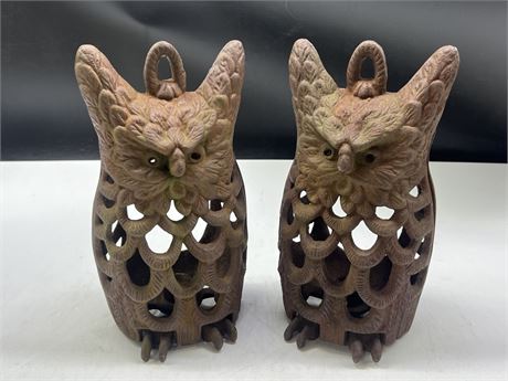 2 VINTAGE CAST IRON OWL WITH CANDLEHOLDER 10”