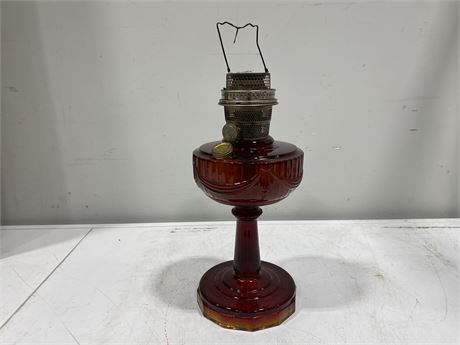 VINTAGE RED ALADDIN OIL LAMP (16” tall)