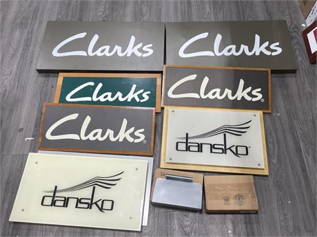 9 ADVERTISING SIGNS INCL: CLARKS & DANSKO (LARGEST 30”x15”)