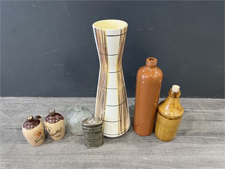 LOT OF VINTAGE CONTAINERS & BOTTLES, MCM VASE 14” & ECT