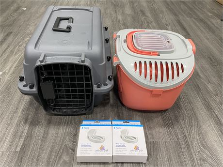 2 PET CARRIERS + 2 FOUNTAIN FILTERS (LARGEST IS (12”X10.5”)