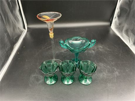 3 GREEN GLASSES, 1 CANDY BOWL & 1 CANDLE STICK HOLDER