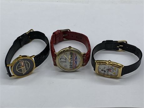 3 VINTAGE COLLECTABLE WATCHES - CORVETTE, BRITTANIA, & SEIKO MICKEY MOUSE