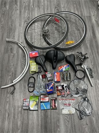 LOT OF BICYCLE REPAIRMAN PARTS & 2 WHEELS W/NEW TIRES