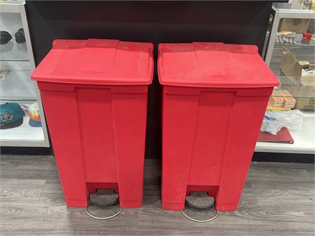 2 RED RUBBERMAID TRASH CANS - 32”x18”x16”